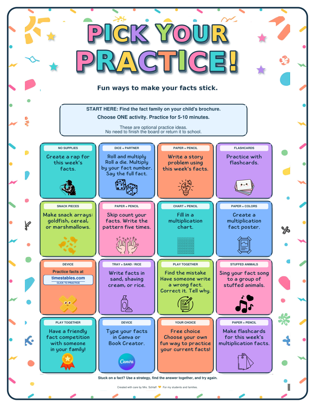Pick Your Practice choice board with sixteen ways to practice, including songs, arrays, flashcards, writing facts, and games.